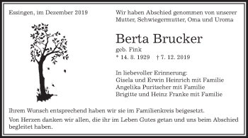 Traueranzeige von Berta Brucker von Schwäbische Post