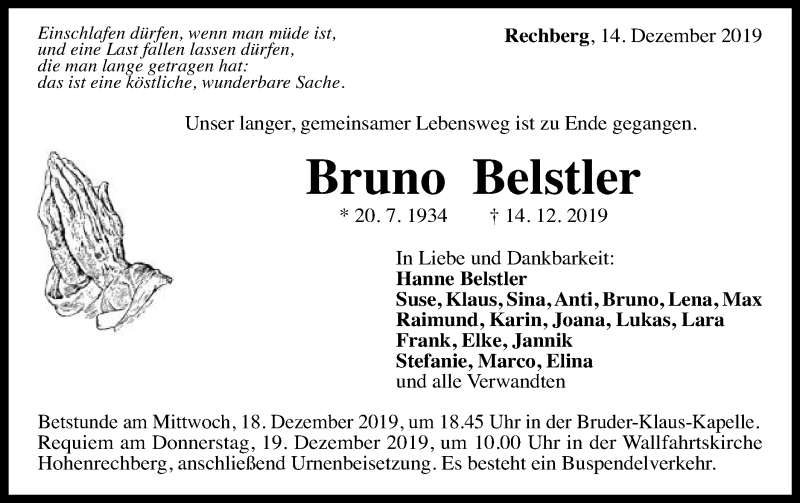  Traueranzeige für Bruno Belstler vom 16.12.2019 aus Gmünder Tagespost