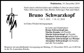 Traueranzeige von Bruno Schwarzkopf von Gmünder Tagespost