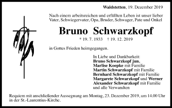 Traueranzeige von Bruno Schwarzkopf