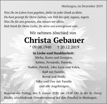 Traueranzeige von Christa Gebauer von Gmünder Tagespost