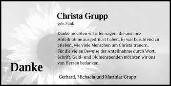 Traueranzeige von Christa Grupp von Schwäbische Post