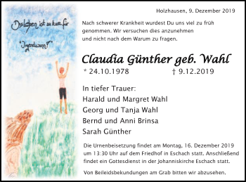 Traueranzeige von Claudia Günther von Gmünder Tagespost