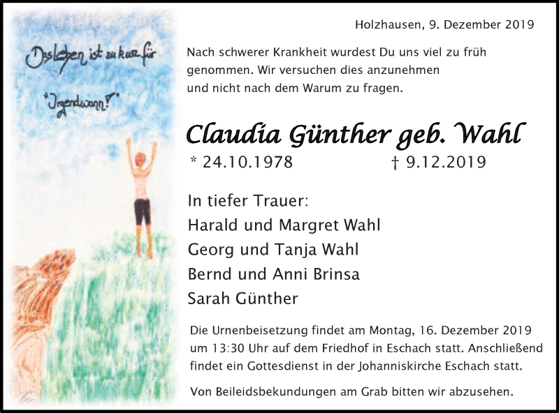  Traueranzeige für Claudia Günther vom 13.12.2019 aus Gmünder Tagespost