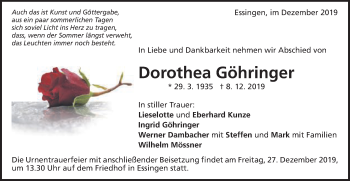Traueranzeige von Dorothea Göhringer von Schwäbische Post