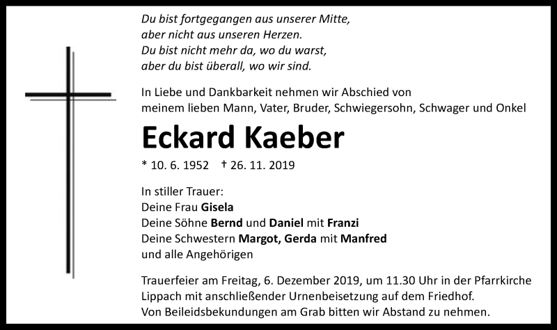  Traueranzeige für Eckard Kaeber vom 04.12.2019 aus Schwäbische Post