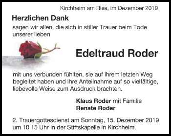 Traueranzeige von Edeltraud Roder von Schwäbische Post