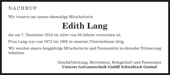 Traueranzeige von Edith Lang von Gmünder Tagespost