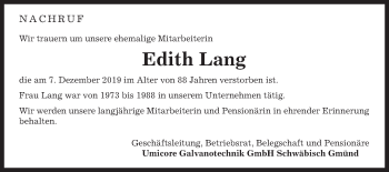 Traueranzeige von Edith Lang