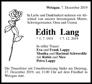 Traueranzeige von Edith Lang von Gmünder Tagespost
