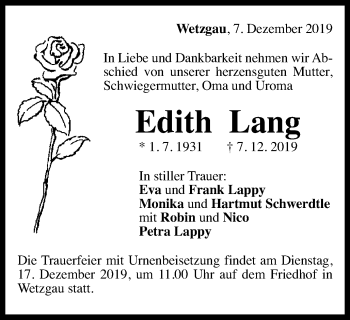 Traueranzeige von Edith Lang