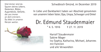 Traueranzeige von Edmund Staudenmaier von Gmünder Tagespost