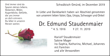 Traueranzeige von Edmund Staudenmaier