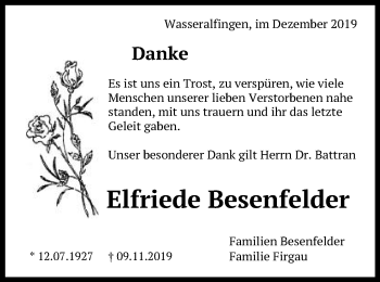Traueranzeige von Elfriede Besenfelder von Schwäbische Post