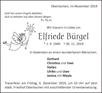 Traueranzeige von Elfriede Bürgel von Schwäbische Post