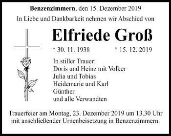 Traueranzeige von Elfriede Groß von Schwäbische Post
