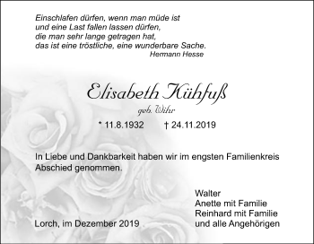 Traueranzeige von Elisabeth Kühfuß von Gmünder Tagespost