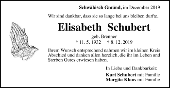 Traueranzeige von Elisabeth Schubert von Gmünder Tagespost