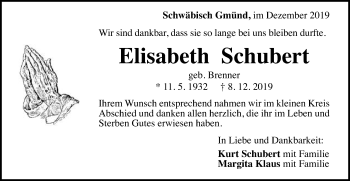 Traueranzeige von Elisabeth Schubert