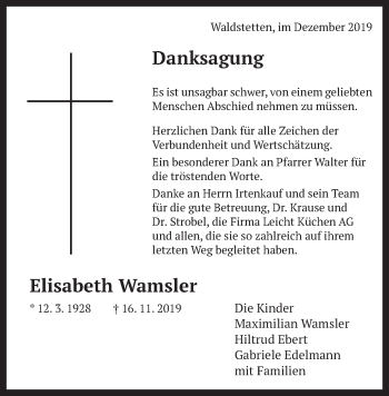 Traueranzeige von Elisabeth Wamsler von Gmünder Tagespost