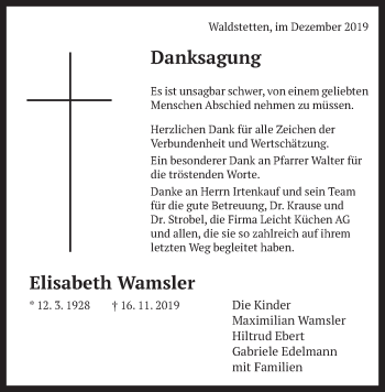 Traueranzeige von Elisabeth Wamsler