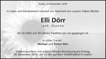 Traueranzeige von Elli Dörr von Schwäbische Post