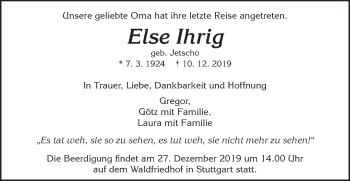 Traueranzeige von Else Ihrig von Gmünder Tagespost