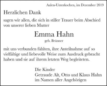 Traueranzeige von Emma Hahn von Schwäbische Post