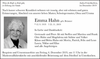 Traueranzeige von Emma Hahn von Schwäbische Post