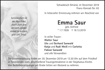 Traueranzeige von Emma Saur von Gmünder Tagespost