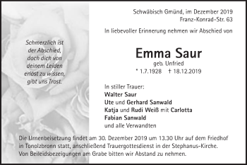 Traueranzeige von Emma Saur