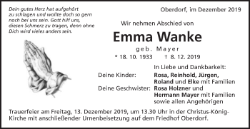 Traueranzeige von Emma Wanke von Schwäbische Post