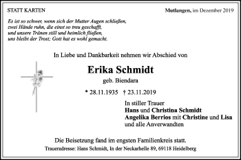 Traueranzeige von Erika Schmidt von Gmünder Tagespost