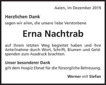 Traueranzeige von Erna Nachtrab von Schwäbische Post