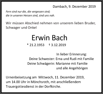 Traueranzeige von Erwin Bach von Schwäbische Post