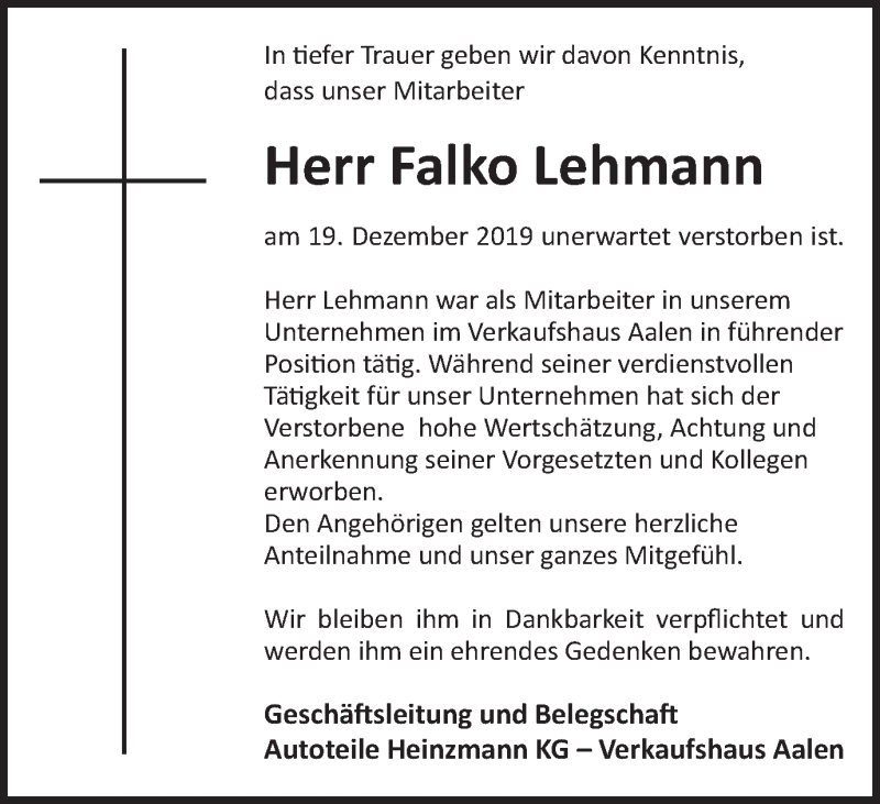  Traueranzeige für Falko Lehmann vom 28.12.2019 aus Schwäbische Post