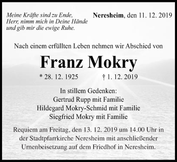 Traueranzeige von Franz Mokry von Schwäbische Post