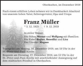 Traueranzeige von Franz Müller von Amtsblatt_Oko