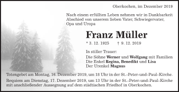 Traueranzeige von Franz Müller von Schwäbische Post