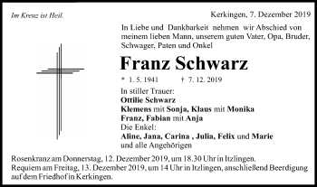 Traueranzeige von Franz Schwarz von Schwäbische Post