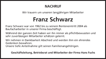 Traueranzeige von Franz Schwarz von Schwäbische Post