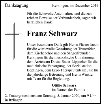 Traueranzeige von Franz Schwarz von Schwäbische Post