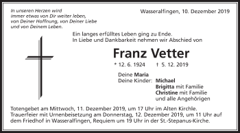 Traueranzeige von Franz Vetter von Schwäbische Post