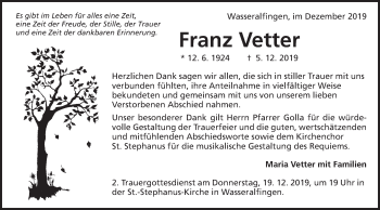 Traueranzeige von Franz Vetter von Schwäbische Post