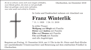 Traueranzeige von Franz Winterlik von Schwäbische Post