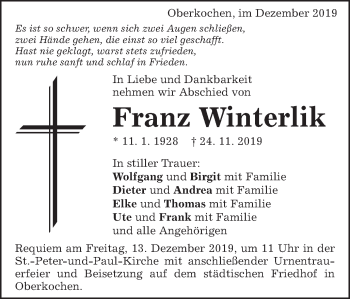 Traueranzeige von Franz Winterlik von Amtsblatt_Oko