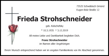 Traueranzeige von Frieda Strohschneider von Gmünder Tagespost