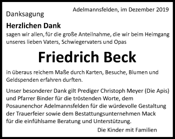 Traueranzeige von Friedrich Beck von Schwäbische Post
