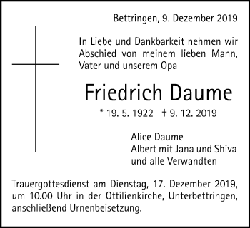 Traueranzeige von Friedrich Daume von Gmünder Tagespost