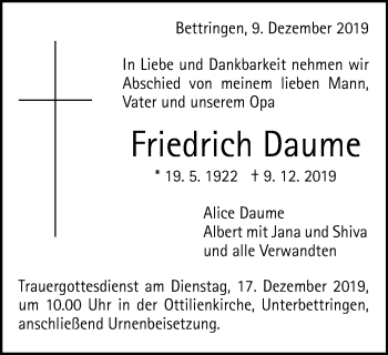 Traueranzeige von Friedrich Daume